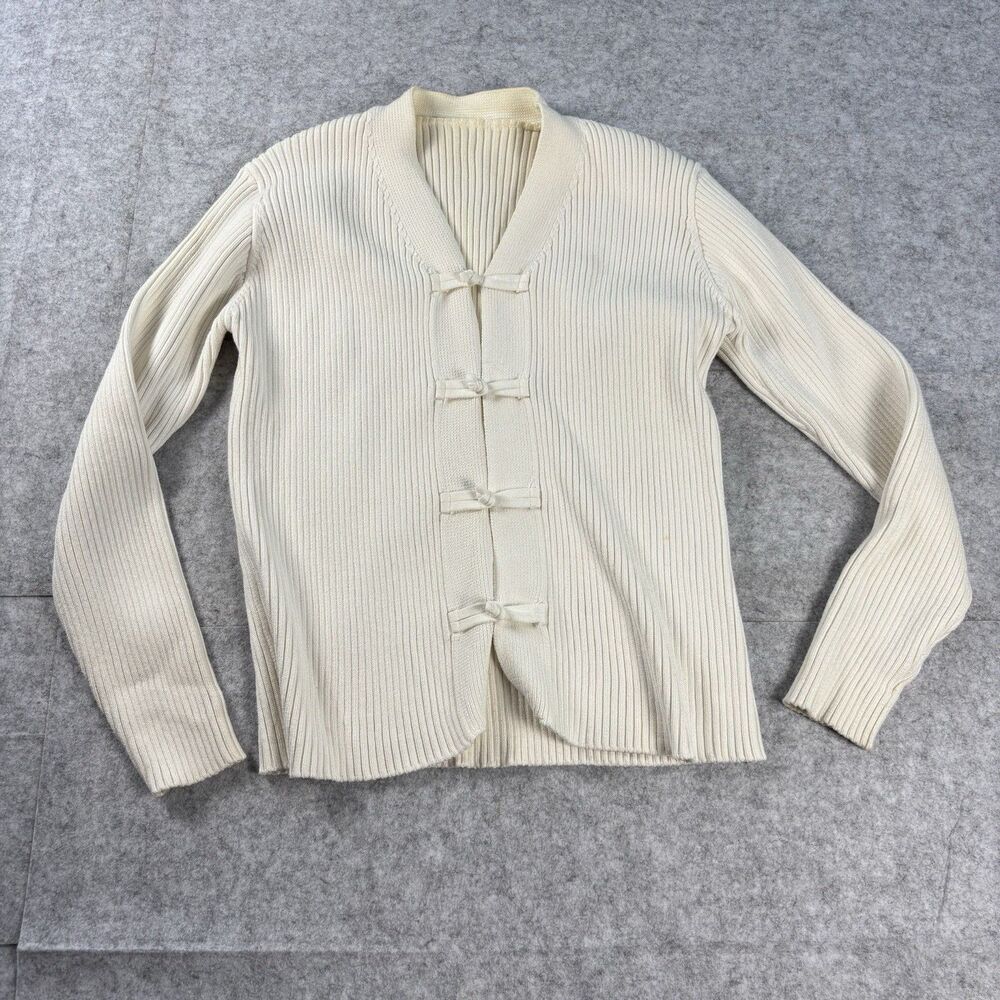 Unbranded Womens Medium Ivory Ribbed Knit Chinese Frog Closure Cardigan Sweater